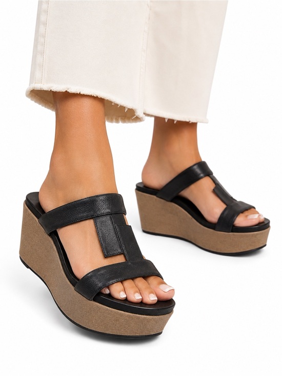 Antelope Shoes - Antelope Black Leather Platform Wedge Sandals Boho Chic Comfort Slides Size 8.5